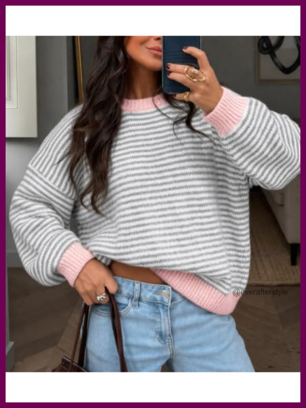 Striped Color Block Knit Pullover Sweater Loose Fit Crewneck Long Sleeve - Picture 5 of 6